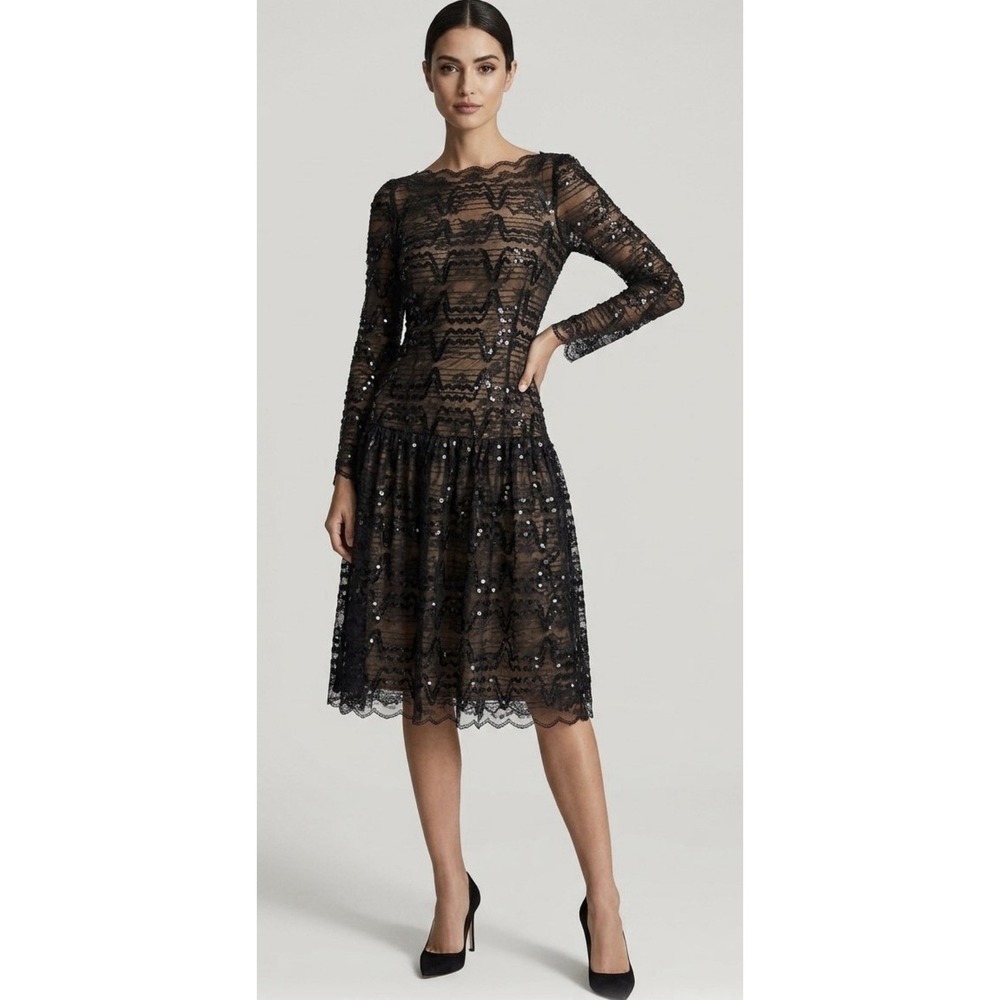 VTG Lillie Rubin Sequin Mesh Cocktail Evening Dress Sz 12 Lace Taffeta Black